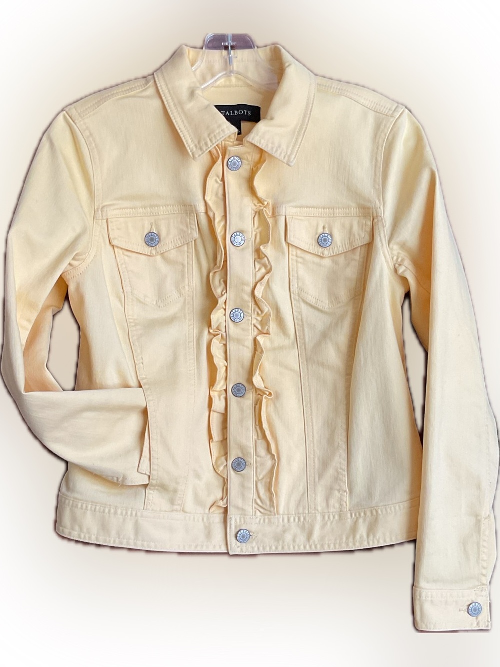 Talbots Pale Butter Yellow Ruffle-Front Denim Jacket Size Small